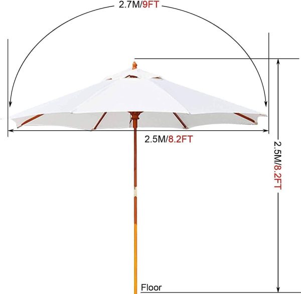 Thickening 2.7 M/9 Feet White Patio Umbrella, Round Market Umbrella without Base, Beach Umbrella with Sturdy Wood Pole and 8 Ribs Sturdy - Image 2