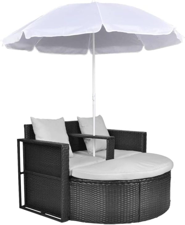 Outdoor Patio Bed with Removable Parasol - UV Protective, Weather and Stain Resistant - Ergonomically Designed with Detachable Foot Stool - Comfy Cream White Upholstery & Sturdy Black Poly ...