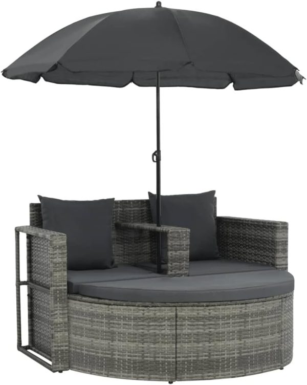2 Seater Patio Sofa with Cushions and Parasol - Garden and Outdoor Decor - Weather Resistant Poly Rattan Furniture - Gray Color