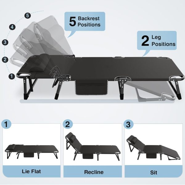 Camping Cot, 5+2 Positions Adjustable Reclining Folding Camping Cot Sleeping Bed Cots for Adults Outdoor Portable Chaise Lounge Chair W/Carry Bag Pillow Cushion for Home Nap Beach Travel - Image 2