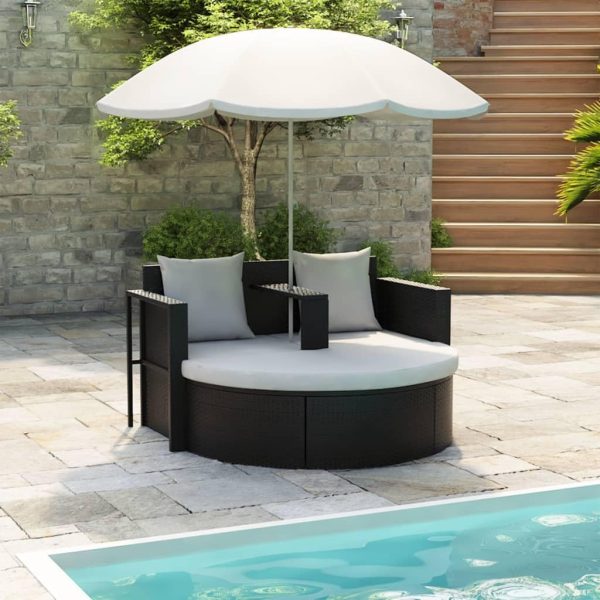 Outdoor Patio Bed with Removable Parasol - UV Protective, Weather and Stain Resistant - Ergonomically Designed with Detachable Foot Stool - Comfy Cream White Upholstery & Sturdy Black Poly ... - Image 2