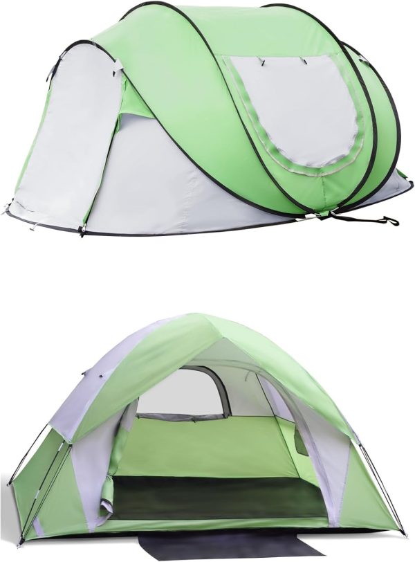 4 Person Instant Pop up Tent with Dome Camping Tent with Removable Rainfly for Camping, Automatic Waterproof Tents Bundle with Double Layer Tents for Hiking Backpacking Picnic Backyard, Green