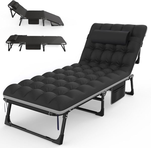 Camping Cot, 5+2 Positions Adjustable Reclining Folding Camping Cot Sleeping Bed Cots for Adults Outdoor Portable Chaise Lounge Chair W/Carry Bag Pillow Cushion for Home Nap Beach Travel