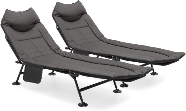 Camping Beds for Adults, 180° Adjustable Reclining Outdoor Lounger Cot Bed for Sleeping with Carry Bag, Portable Camping Bed for Outdoor Camping Office Use, Supports 250 lbs (Black, Set of 2)