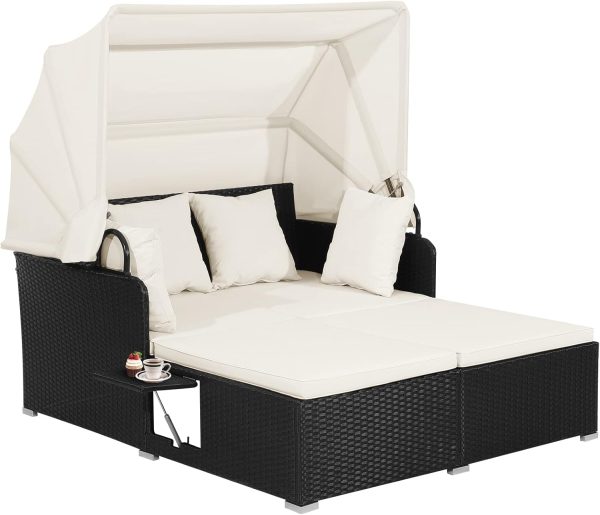 Patio Daybed with Retractable Canopy, High-Resilient Soft Cushions, Foldable Side Trays Outdoor Bed Loveseat for Garden, Backyard, Porch, Off White