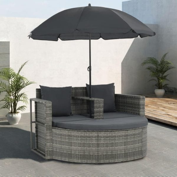 2 Seater Patio Sofa with Cushions and Parasol - Garden and Outdoor Decor - Weather Resistant Poly Rattan Furniture - Gray Color - Image 2