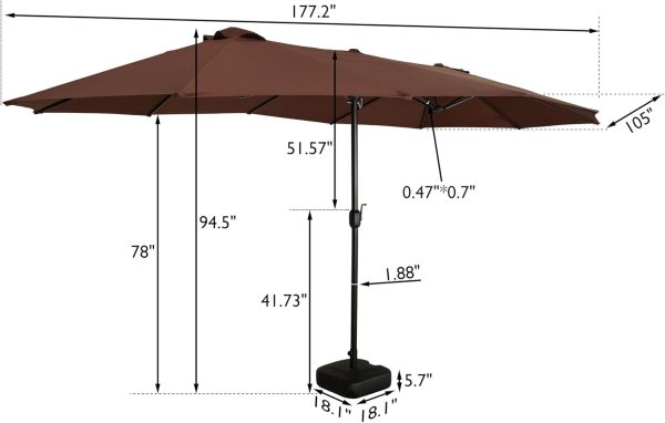 15ft Large Rectangle Patio Outdoor Double Sided Market Umbrella with Base & Crank, Brown - Image 2