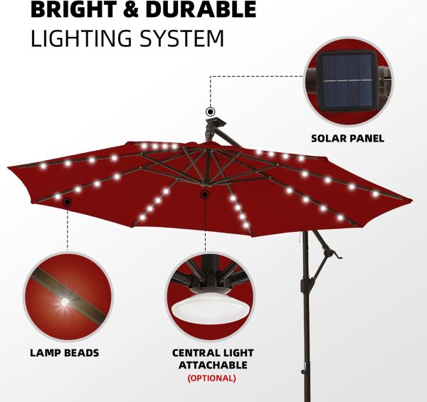 10FT Solar Patio Umbrella with Base Included, Outdoor Offset Cantilever Umbrella with Fade Resistant POLYESTER DTY Canopy Infinite Tilt, Crank & Cross Base - Image 2