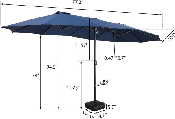 15ft Large Rectangle Patio Outdoor Double Sided Market Umbrella with Base & Crank, Red - Image 2