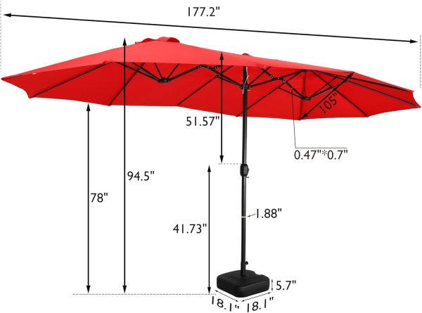 15ft Large Rectangle Patio Outdoor Double Sided Market Umbrella with Base & Crank, Blue - Image 2