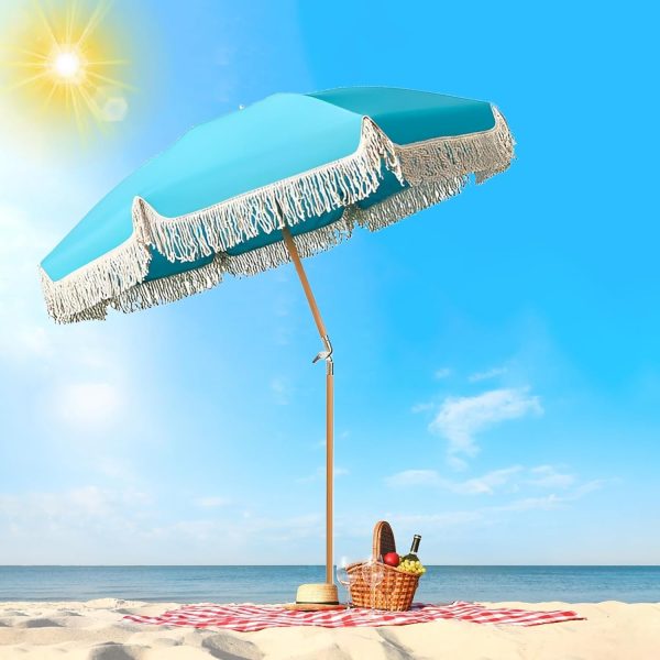 6ft Portable Boho Beach Umbrella With Fringe Outdoor Patio Umbrella UV Protection Blue Table Umbrella With Tilt Outdoor Umbrella With Carry Bag Deck Umbrellas Waterproof 8 Sturdy Ribs For Outdoor Holi