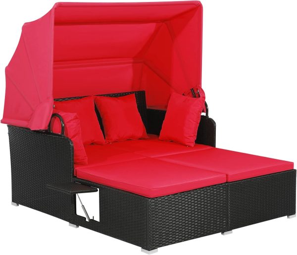 Patio Daybed with Retractable Canopy, High-Resilient Soft Cushions, Foldable Side Trays Outdoor Bed Loveseat for Garden, Backyard, Porch, Red