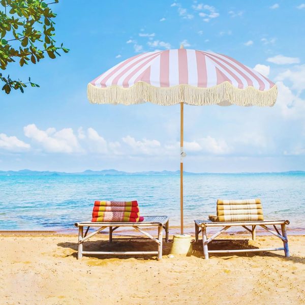 Holiday Boho Beach Umbrella Fringe 6ft Portable Large Outdoor Umbrella Tilt Fringe Umbrella UV Protection Boho Patio Umbrella Waterproof Pink Striped Patio Table Umbrella 8 Ribs For Outside Garden