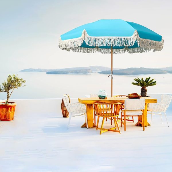 6ft Portable Boho Beach Umbrella With Fringe Outdoor Patio Umbrella UV Protection Blue Table Umbrella With Tilt Outdoor Umbrella With Carry Bag Deck Umbrellas Waterproof 8 Sturdy Ribs For Outdoor Holi - Image 2