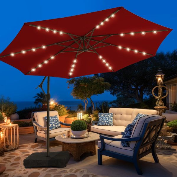 10FT Solar Patio Umbrella with Base Included, Outdoor Offset Cantilever Umbrella with Fade Resistant POLYESTER DTY Canopy Infinite Tilt, Crank & Cross Base