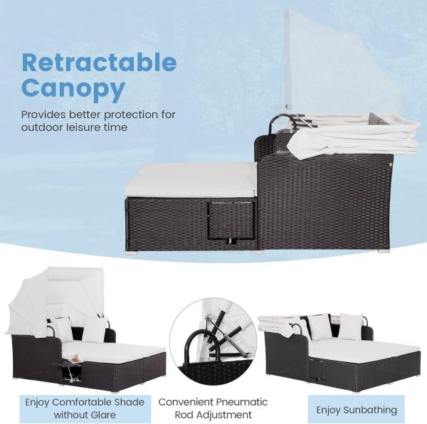 Patio Daybed with Retractable Canopy, High-Resilient Soft Cushions, Foldable Side Trays Outdoor Bed Loveseat for Garden, Backyard, Porch, Off White - Image 2