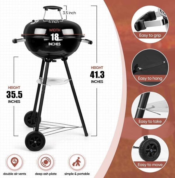 18 Inch Charcoal Grill, 2-In-1 Kettle Outdoor Barbecue Grill, Portable Black BBQ Grill for Camping/Backyard/Patio/Picnic, Porcelain-Enameled Lid & Fire Bowl, 254.SQ.IN Cooking Area, 15Pcs - Image 2