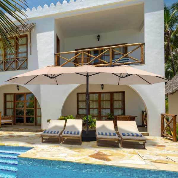 15ft Large Patio Umbrellas with Base Included, Outdoor Double-Sided Umbrella with Crank Handle, Powerful UV Protective, for Pool Lawn Garden (Beige)