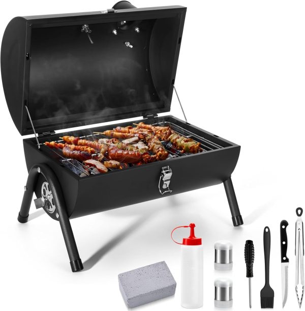 Portable Charcoal Grill Set of 8,  Outdoor Small Tabletop BBQ Charcoal Grill with Barbecue Tongs, Kinfe, Grill Brick, Compact Mini Camping Grill for Outdoor RV Picnic, Patio, Backyard, Beach