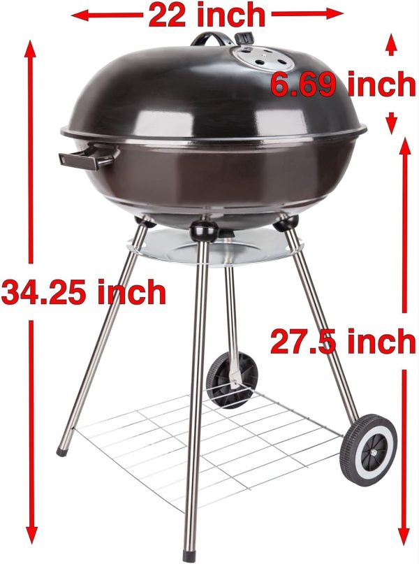 22 Inch Portable Charcoal Grill with Accesories 5 Pieces Grilling sil for Outdoor Cooking Barbecue Camping BBQ Kettle Grill - Heavy Duty Round with Thickened Bowl Wheels for Small Patio Backyard - Image 2