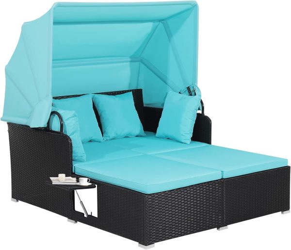 Patio Daybed with Retractable Canopy, High-Resilient Soft Cushions, Foldable Side Trays Outdoor Bed Loveseat for Garden, Backyard, Porch, Turquoise