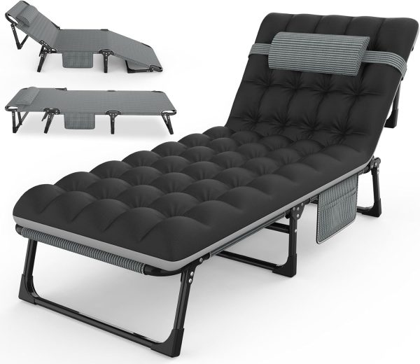 Camping Cot, 5+2 Positions Adjustable Reclining Folding Camping Cot Sleeping Bed Cots for Adults Outdoor Portable Chaise Lounge Chair W/Carry Bag Pillow Cushion for Home Nap Beach Travel