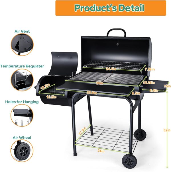 Charcoal Grill Offset Smoker, Heavy Duty Portable Barbecue Grill with 780 SQ.IN. Cooking Grilling Area, BBQ Barrel Grills with Wheels for Outdoor Patio, Side Table & Adjustable Carbon Pan - Image 2