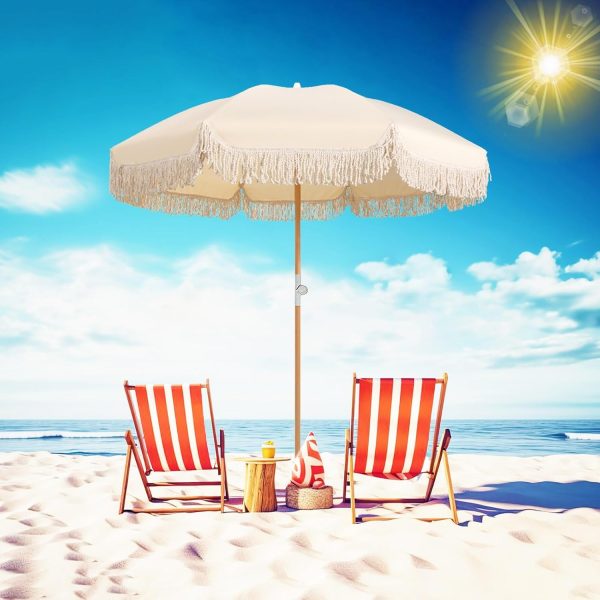 Boho Beach Umbrella UV Protection 6ft Beige Outdoor Umbrella Tilt Fringe Patio Umbrella Waterproof Garden Umbrella 8 Ribs Portable  Umbrella Windproof For Patio Garden Beach Pool