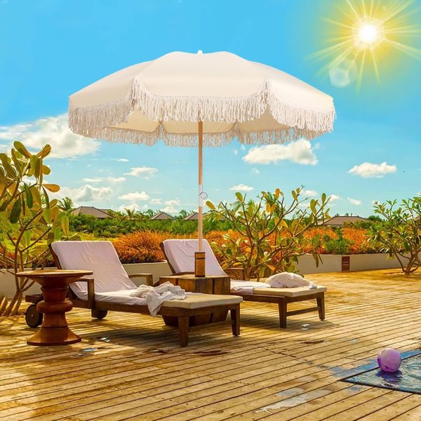Boho Beach Umbrella UV Protection 6ft Beige Outdoor Umbrella Tilt Fringe Patio Umbrella Waterproof Garden Umbrella 8 Ribs Portable  Umbrella Windproof For Patio Garden Beach Pool - Image 2
