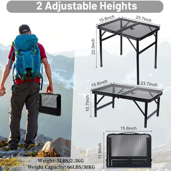 Folding Grill Table Metal Portable Camping Table with Mesh Desktop Lightweight & Foldable Height Adjustable Black Picnic Table for RV, BBQ Outside Inside - Image 2