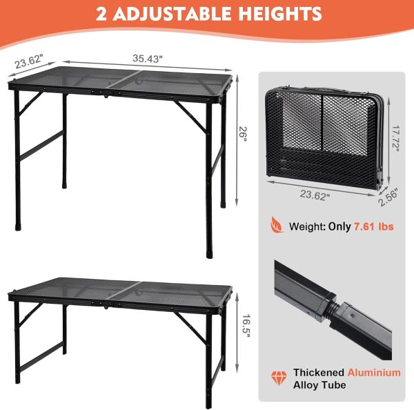 Camping Table with Mesh Desktop, Lightweight & Portable Folding Grill Table, Height Adjustable Sturdy 3 FT Metal Table for Camping, Grill, BBQ, RV, Picnic - Image 2