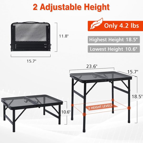 Camping Table, 2x1.3 FT Portable Folding Grill Table, Lightweight Height Adjustable Metal Table with Mesh Desktop and Mesh Bag, Outdoor Table for Camping, Picnic, Beach and BBQ, Black - Image 2