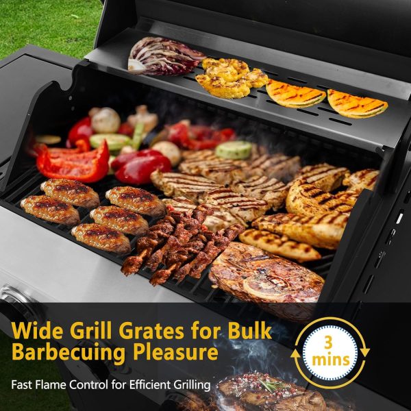 Large  Grill  with 3-Burners and Side Burner, Outdoor Gas Grill with Porcelain-Enameled Cast Iron Grates, Stainless Steel Camping Barbecue Griddle for Patio, Party, - Image 2