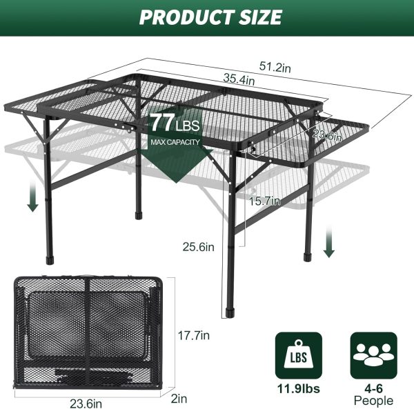 Folding Table with 2 Wing Panels, 3x2 FT Camping Table with Mesh Desktop,Height Adjustable Folding Grill Table with Mesh Bag,Portable Outdoor Table for Picnic,Camping,BBQ,Beach(Black) - Image 2