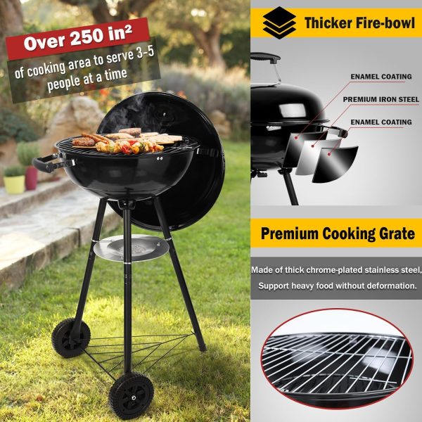 18 Inch Kettle Charcoal Grill,  Outdoor Barbecue Grill for Camping/Backyard/Tabletop Cooking, Portable Round Smoker with Wheels, Porcelain-Enameled Lid & Fire Bowl, Dual Venting System, Black - Image 2