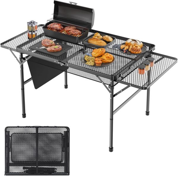 Folding Table with 2 Wing Panels, 3x2 FT Camping Table with Mesh Desktop,Height Adjustable Folding Grill Table with Mesh Bag,Portable Outdoor Table for Picnic,Camping,BBQ,Beach(Black)