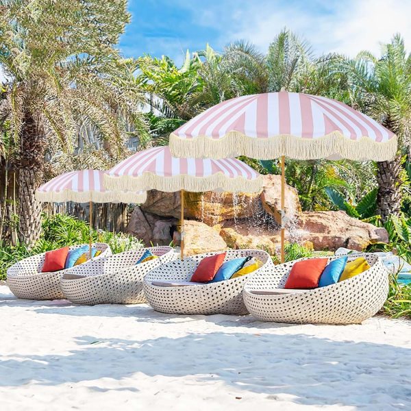 Holiday Boho Beach Umbrella Fringe 6ft Portable Large Outdoor Umbrella Tilt Fringe Umbrella UV Protection Boho Patio Umbrella Waterproof Pink Striped Patio Table Umbrella 8 Ribs For Outside Garden - Image 2