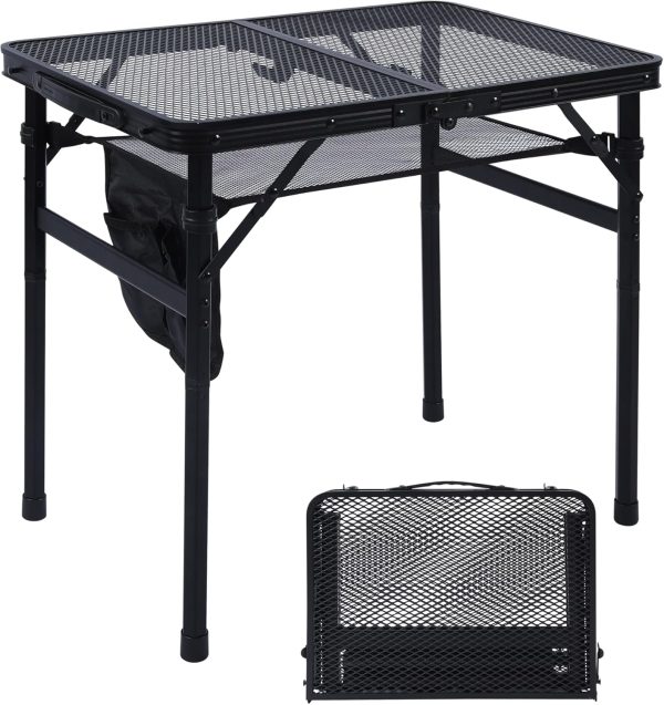Camping Table, 2x1.3 FT Portable Folding Grill Table, Lightweight Height Adjustable Metal Table with Mesh Desktop and Mesh Bag, Outdoor Table for Camping, Picnic, Beach and BBQ, Black