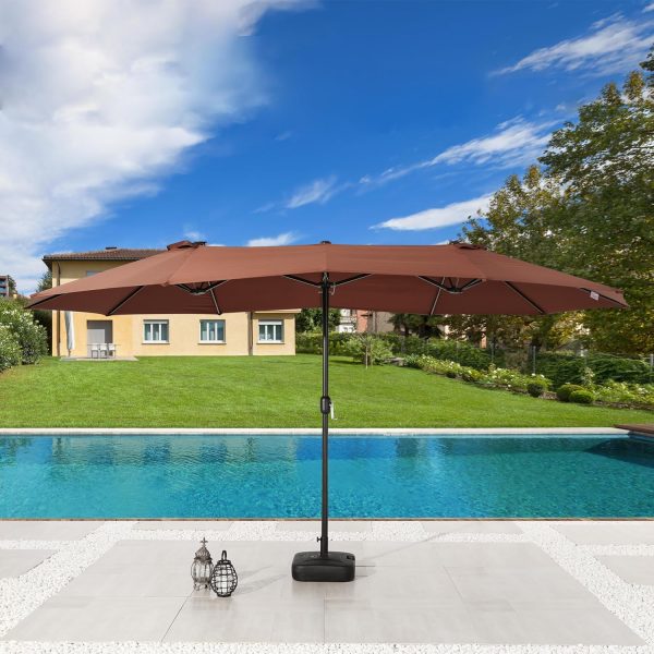 15ft Large Rectangle Patio Outdoor Double Sided Market Umbrella with Base & Crank, Brown